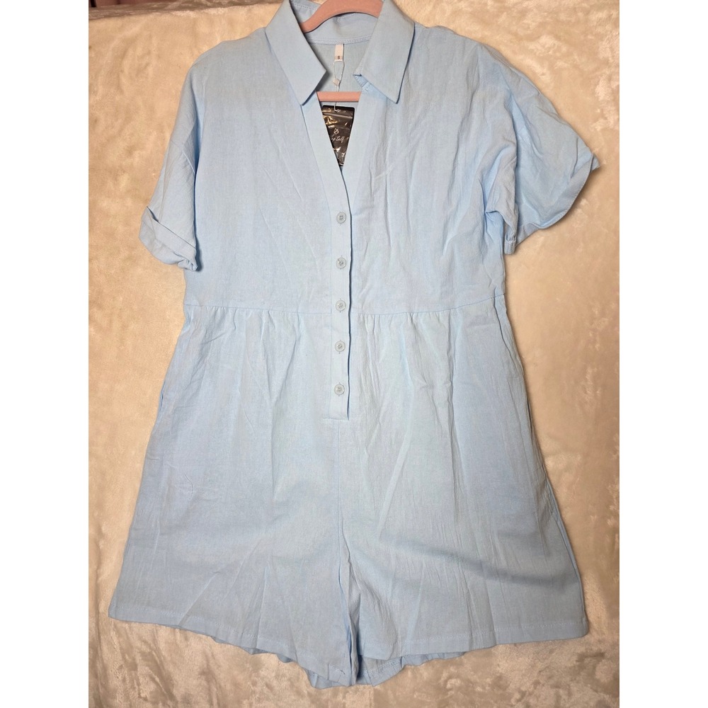 Deep‎ Self Womens Light Blue Button Front Short Sleeve Romper Size S New